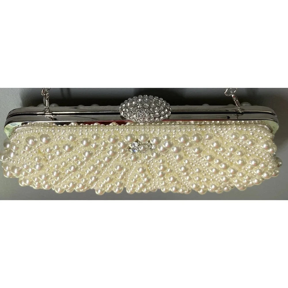 Women Ivory Pearl&Rhinestone Dress Clutch Purse Wedding Prom Crossbody 5x9.5x1